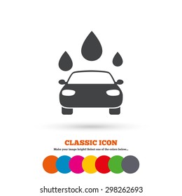 Car wash icon. Automated teller carwash symbol. Water drops signs. Classic flat icon. Colored circles. Vector