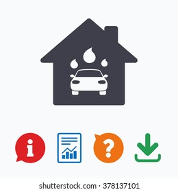 Car wash icon. Automated teller carwash symbol. Water drops signs. Information think bubble, question mark, download and report.