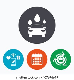Car wash icon. Automated teller carwash symbol. Water drops signs. Mobile payments, calendar and wifi icons. Bus shuttle.