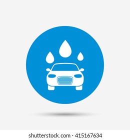 Car wash icon. Automated teller carwash symbol. Water drops signs. Blue circle button with icon. Vector
