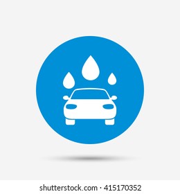 Car wash icon. Automated teller carwash symbol. Water drops signs. Blue circle button with icon. Vector