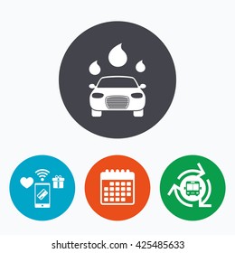 Car wash icon. Automated teller carwash symbol. Water drops signs. Mobile payments, calendar and wifi icons. Bus shuttle.