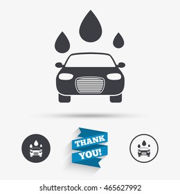Car wash icon. Automated teller carwash symbol. Water drops signs. Flat icons. Buttons with icons. Thank you ribbon. Vector
