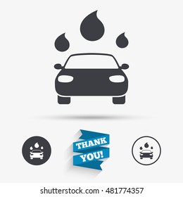 Car wash icon. Automated teller carwash symbol. Water drops signs. Flat icons. Buttons with icons. Thank you ribbon. Vector