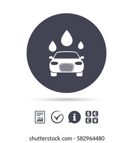 Car wash icon. Automated teller carwash symbol. Water drops signs. Report document, information and check tick icons. Currency exchange. Vector