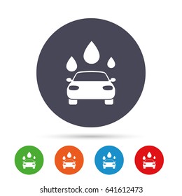 Car wash icon. Automated teller carwash symbol. Water drops signs. Round colourful buttons with flat icons. Vector