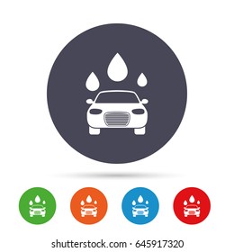 Car wash icon. Automated teller carwash symbol. Water drops signs. Round colourful buttons with flat icons. Vector