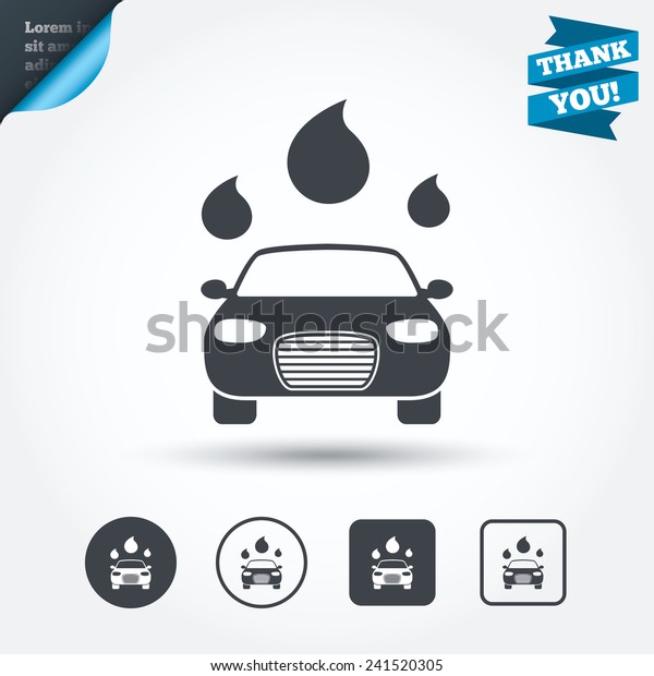 Car wash icon. Automated teller carwash symbol.\
Water drops signs. Circle and square buttons. Flat design set.\
Thank you ribbon. Vector