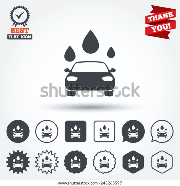Car wash icon.\
Automated teller carwash symbol. Water drops signs. Circle, star,\
speech bubble and square buttons. Award medal with check mark.\
Thank you ribbon. Vector
