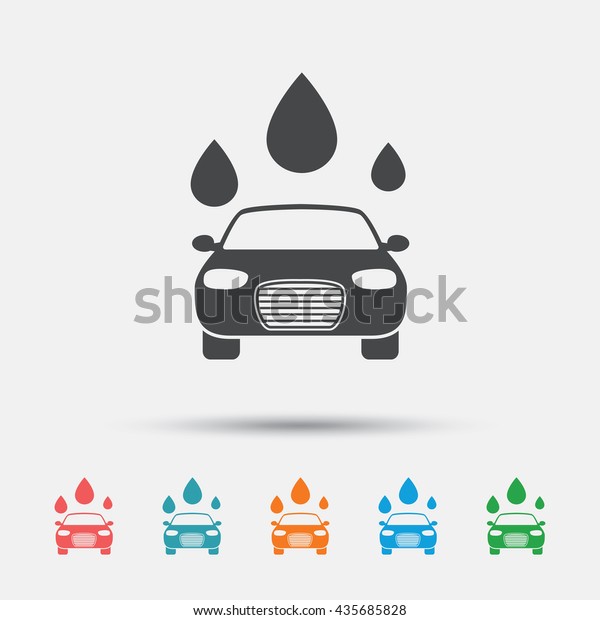Car wash icon. Automated teller carwash\
symbol. Water drops signs. Graphic element on white background.\
Colour clean flat carwash icons.\
Vector