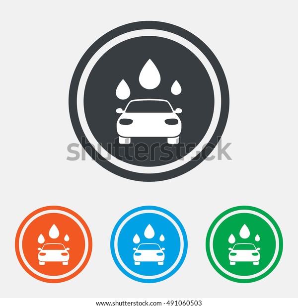 Car wash icon. Automated teller carwash\
symbol. Water drops signs. Graphic design web element. Flat carwash\
symbol on the round button.\
Vector