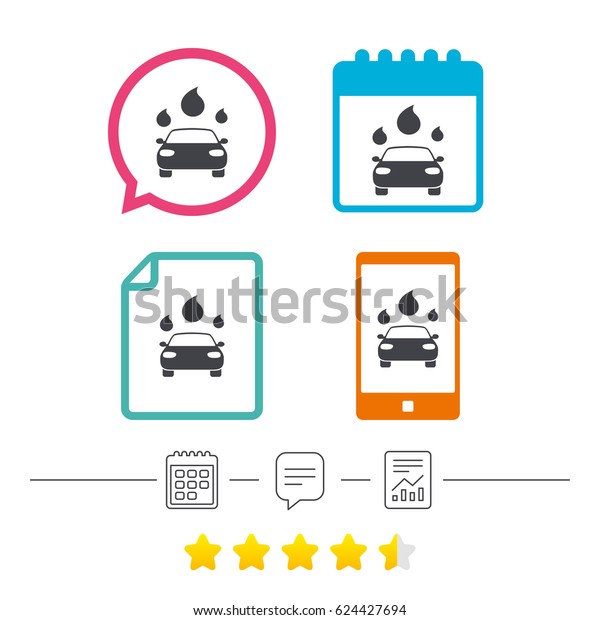 Car wash icon. Automated teller carwash
symbol. Water drops signs. Calendar, chat speech bubble and report
linear icons. Star vote ranking.
Vector