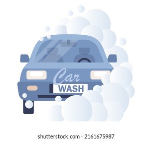 Car wash icon. Clean car in bubbles. Auto service washing. Vector flat illustration 