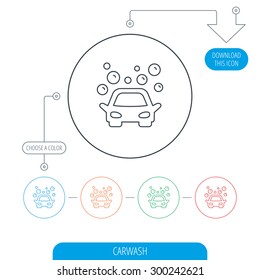 Car wash icon. Cleaning station sign. Foam bubbles symbol. Line circle buttons. Download arrow symbol. Vector