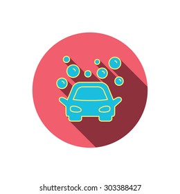 Car wash icon. Cleaning station sign. Foam bubbles symbol. Red flat circle button. Linear icon with shadow. Vector