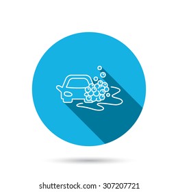 Car wash icon. Cleaning station sign. Foam bubbles symbol. Blue flat circle button with shadow. Vector