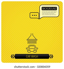 Car wash icon. Cleaning station with shower sign. Chat speech bubbles. Orange line background. Vector