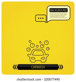 Car wash icon. Cleaning station sign. Foam bubbles symbol. Chat speech bubbles. Orange line background. Vector