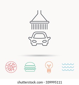 Car wash icon. Cleaning station with shower sign. Global connect network, ocean wave and burger icons. Lightbulb lamp symbol.