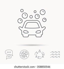 Car wash icon. Cleaning station sign. Foam bubbles symbol. Global connect network, ocean wave and chat dialog icons. Teamwork symbol.