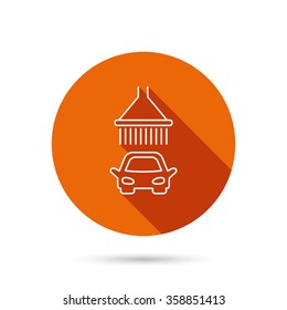 Car wash icon. Cleaning station with shower sign. Round orange web button with shadow.