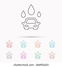 Car wash icon. Cleaning station with water drops sign. Linear icons on white background.