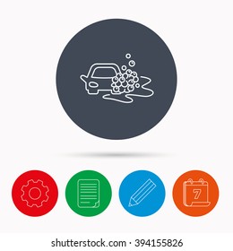 Car wash icon. Cleaning station sign. Foam bubbles symbol. Calendar, cogwheel, document file and pencil icons.
