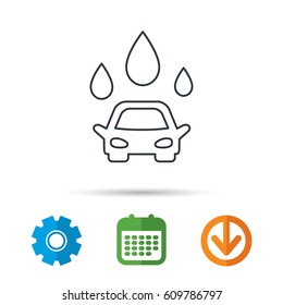 Car wash icon. Cleaning station with water drops sign. Calendar, cogwheel and download arrow signs. Colored flat web icons. Vector