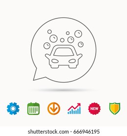 Car wash icon. Cleaning station sign. Foam bubbles symbol. Calendar, Graph chart and Cogwheel signs. Download and Shield web icons. Vector