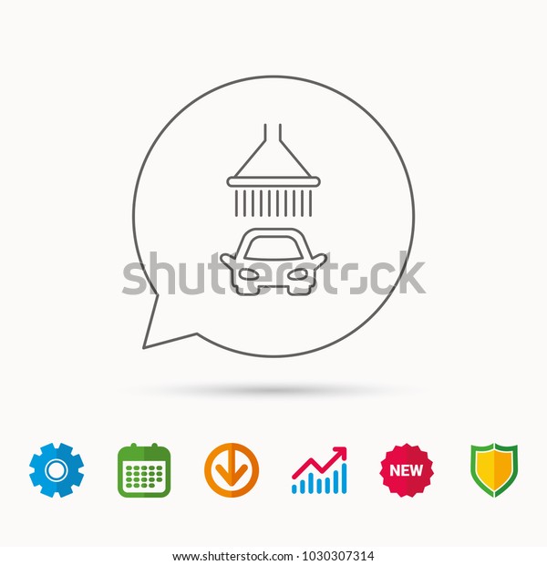Car wash icon. Cleaning station with shower sign.\
Calendar, Graph chart and Cogwheel signs. Download and Shield web\
icons. Vector