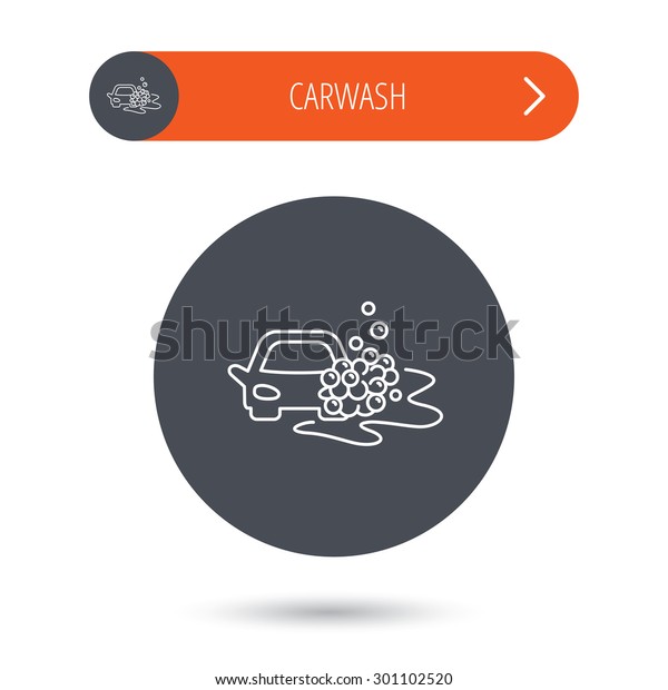 Car wash\
icon. Cleaning station sign. Foam bubbles symbol. Gray flat circle\
button. Orange button with arrow.\
Vector