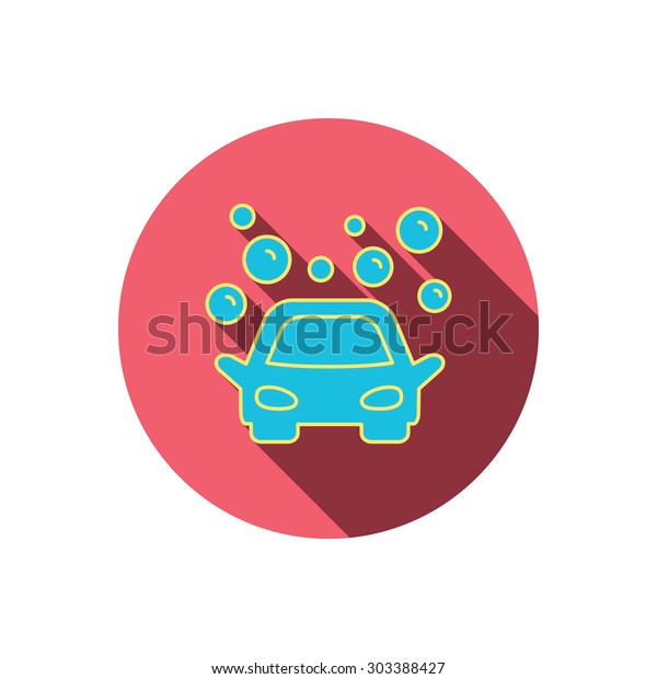 Car wash\
icon. Cleaning station sign. Foam bubbles symbol. Red flat circle\
button. Linear icon with shadow.\
Vector