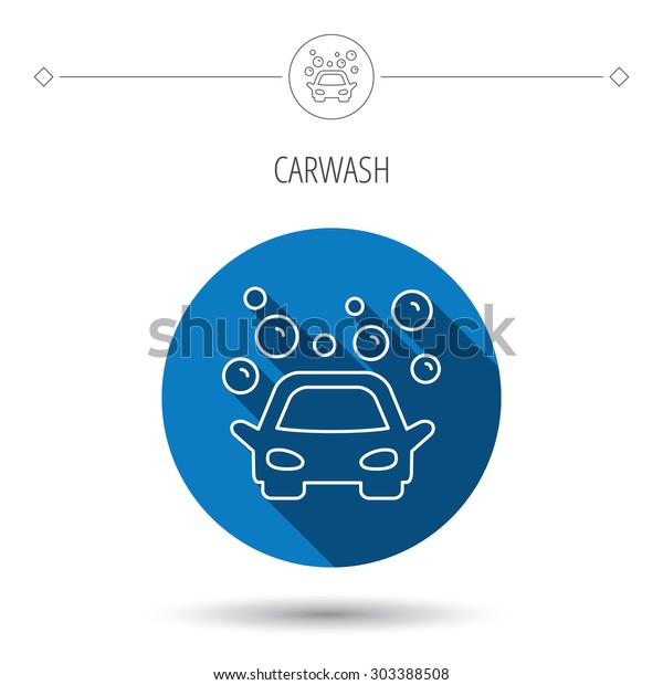 Car wash\
icon. Cleaning station sign. Foam bubbles symbol. Blue flat circle\
button. Linear icon with shadow.\
Vector