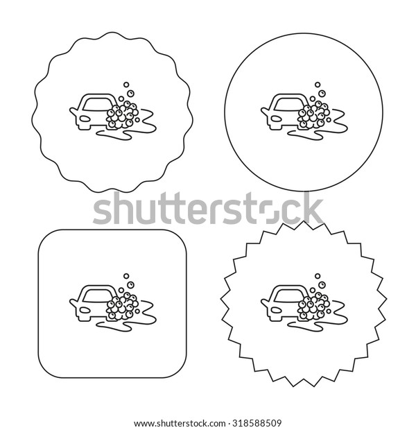 Car wash\
icon. Cleaning station sign. Foam bubbles symbol. Flat circle, star\
and emblem buttons. Labels design.\
Vector