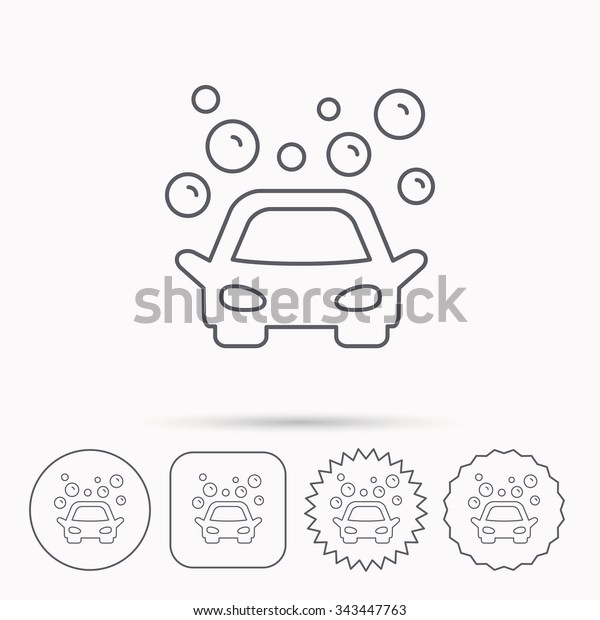 Car wash\
icon. Cleaning station sign. Foam bubbles symbol. Linear circle,\
square and star buttons with\
icons.