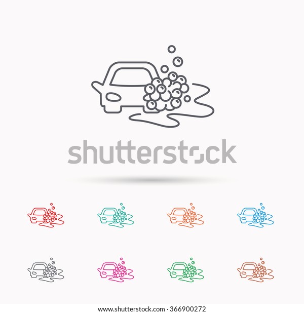 Car wash icon. Cleaning station\
sign. Foam bubbles symbol. Linear icons on white\
background.