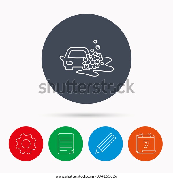 Car wash icon.
Cleaning station sign. Foam bubbles symbol. Calendar, cogwheel,
document file and pencil
icons.