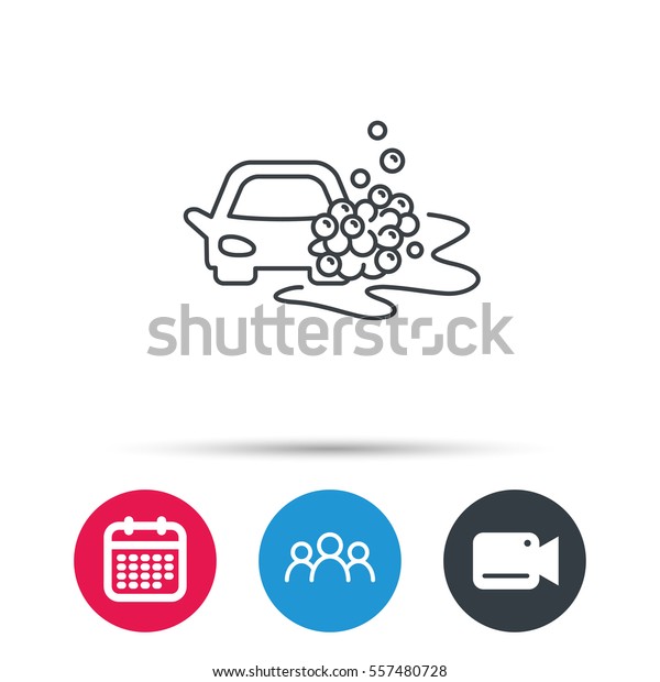 Car wash\
icon. Cleaning station sign. Foam bubbles symbol. Group of people,\
video cam and calendar icons.\
Vector