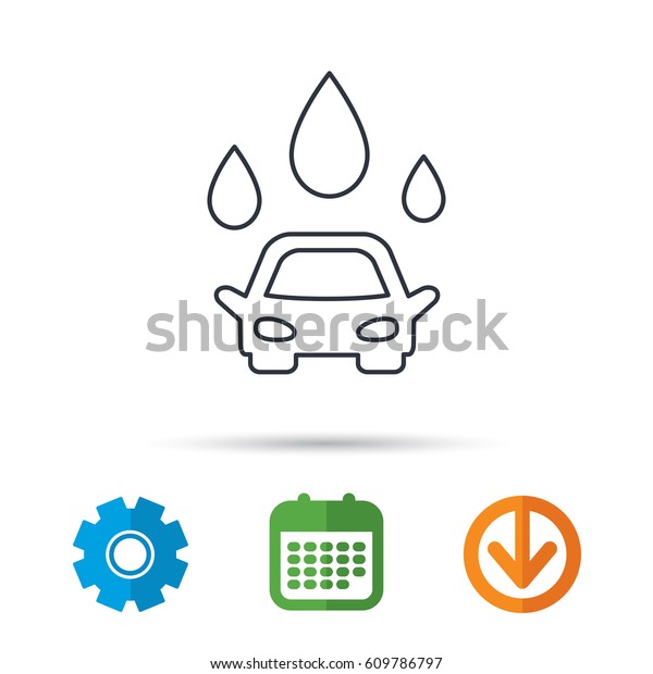 Car wash icon. Cleaning station with water drops
sign. Calendar, cogwheel and download arrow signs. Colored flat web
icons. Vector