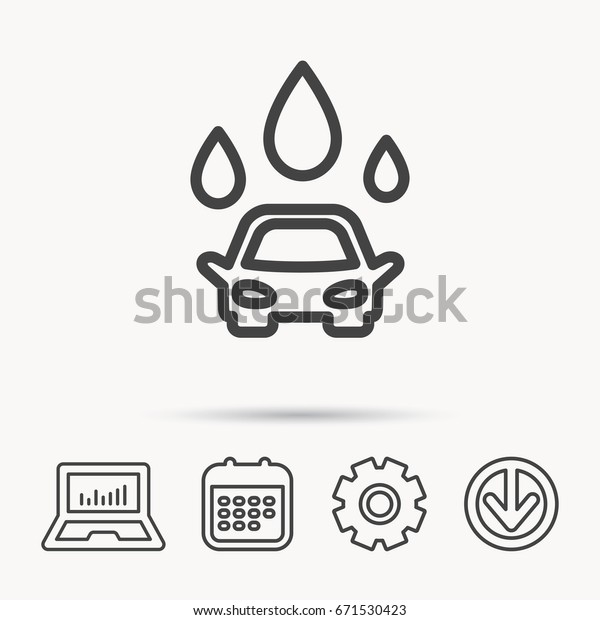 Car wash icon. Cleaning station with water drops\
sign. Notebook, Calendar and Cogwheel signs. Download arrow web\
icon. Vector