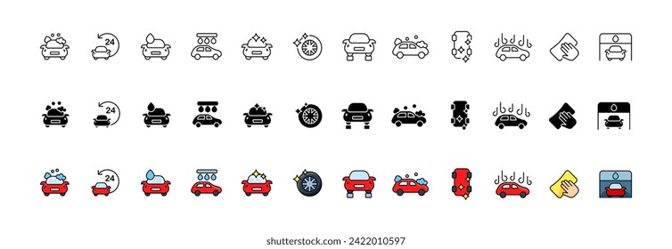 Car wash icon collection. Linear, silhouette and flat style. Vector icons