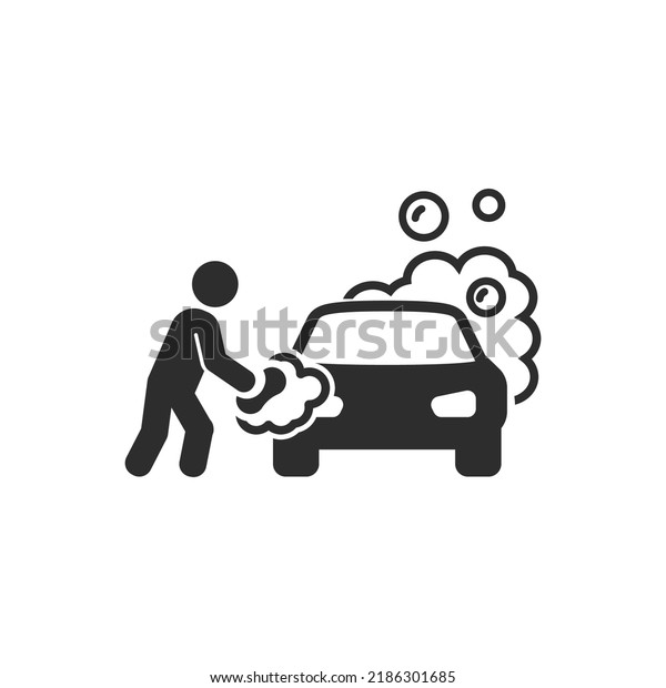 Car Wash icon. A man washes a car.\
Monochrome black and white symbol. Vector\
illustration