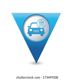 Car wash icon on blue triangular map pointer. Vector illustration