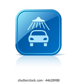 Car Wash Icon On Blue Glossy Square Web Button. Vector Auto Service Symbol