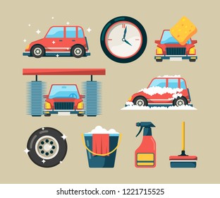 Car wash icon set. Foam roller washing machines cleaning auto service vector cartoon symbols isolated. Illustration of car service wash, washer and sponge