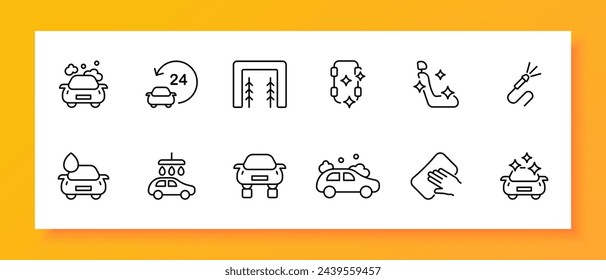 Car wash icon set. Foam, graying, washcloth, water flow, cleanliness, polishing, drop, soap. Black icon on a white background. Vector line icon for business and advertising