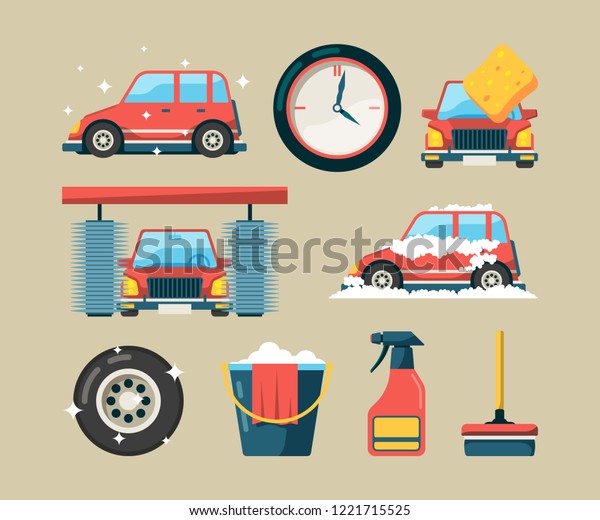 Car wash icon set. Foam roller washing\
machines cleaning auto service vector cartoon symbols isolated.\
Illustration of car service wash, washer and\
sponge