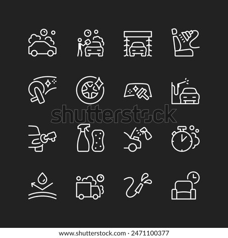 Car wash icon set, white lines on black background. Automatic and self-service washing points. Car cleaning, polishing, detailing services and products. Customizable line thickness.