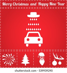 Car Wash Icon Vector. And Bonus Symbol For New Year - Santa Claus, Christmas Tree, Firework, Balls On Deer Antlers