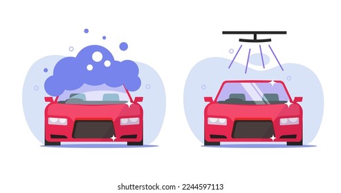 Autowaschanzeige, Vektorgrafik oder Carwash-Flachreinigungsdienst, grafische Illustration, Wasserschaumwasch-Set für Kraftfahrzeuge, Autoreiniger-Station-Schild, Seifenblasen für den Motortransport, Clipart-Bild